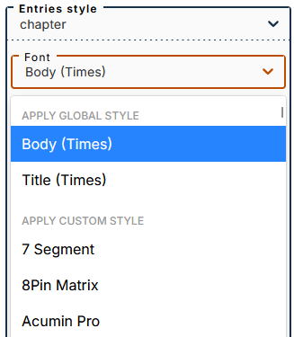 Choice of font for table of contents entries