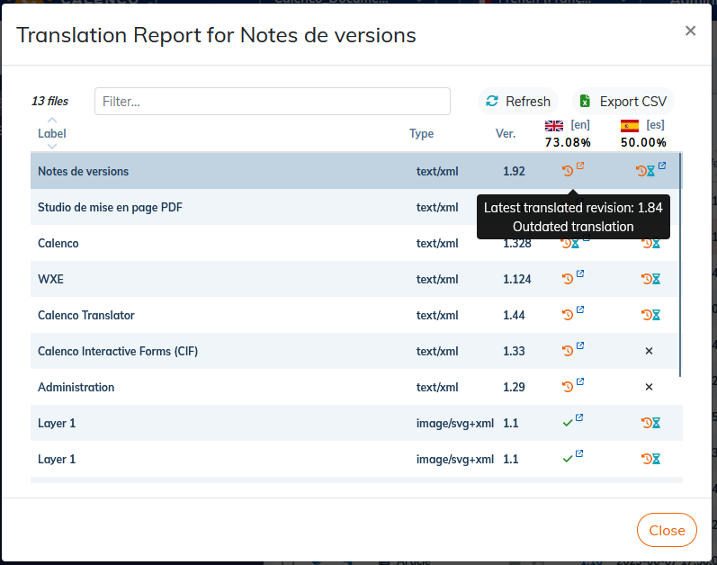 Translation report for a source document