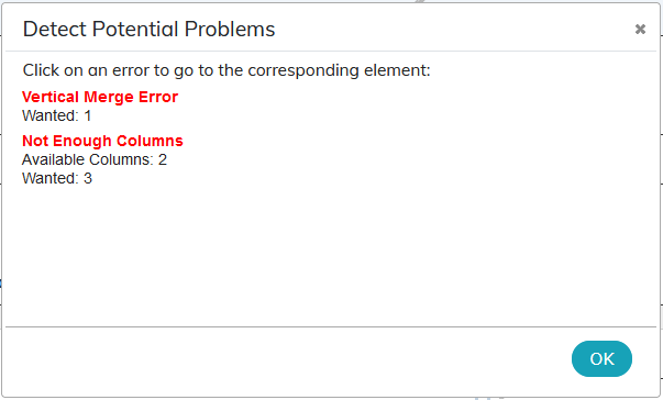 List of potential problems in tables