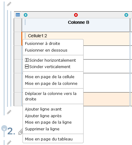 Menu contextuel d'une cellule