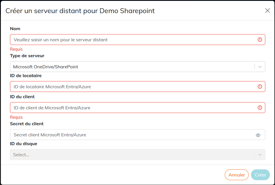 Paramétrage du serveur Microsoft Sharepoint / OneDrive